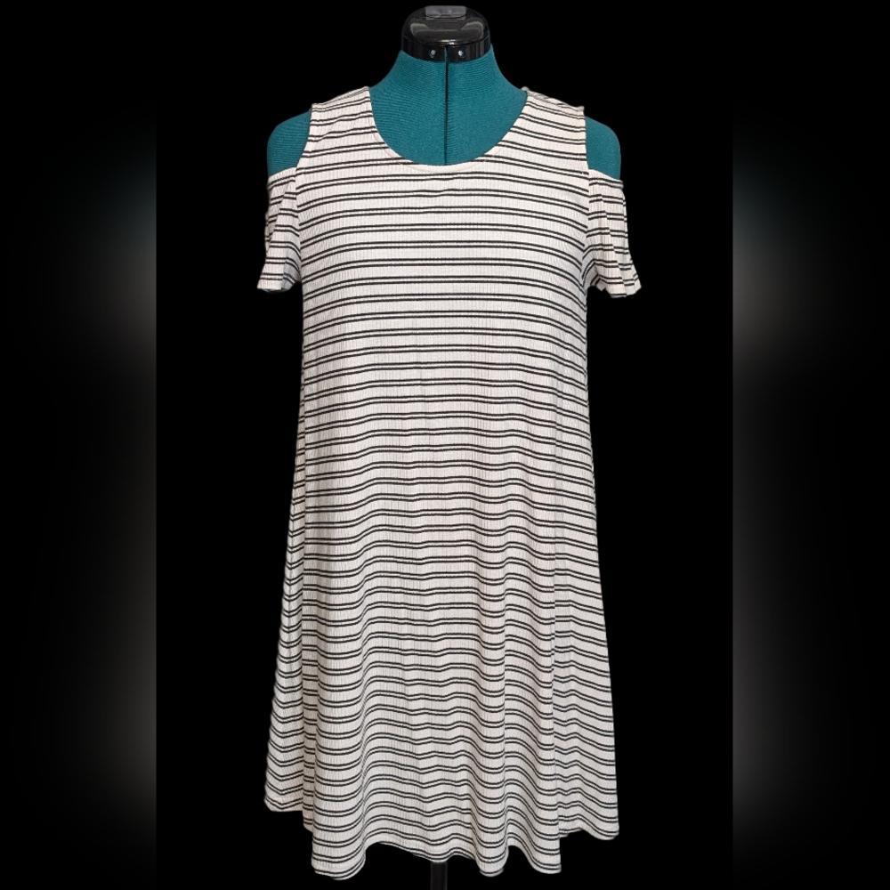 Sugar Lips Black & White Striped Cold Shoulder T-Shirt Dress